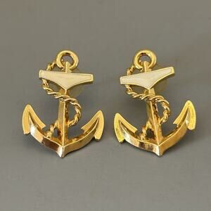 Avon Nautical Gold Tone Anchor Pierced Earring Rope Detail White Enamel Vintage